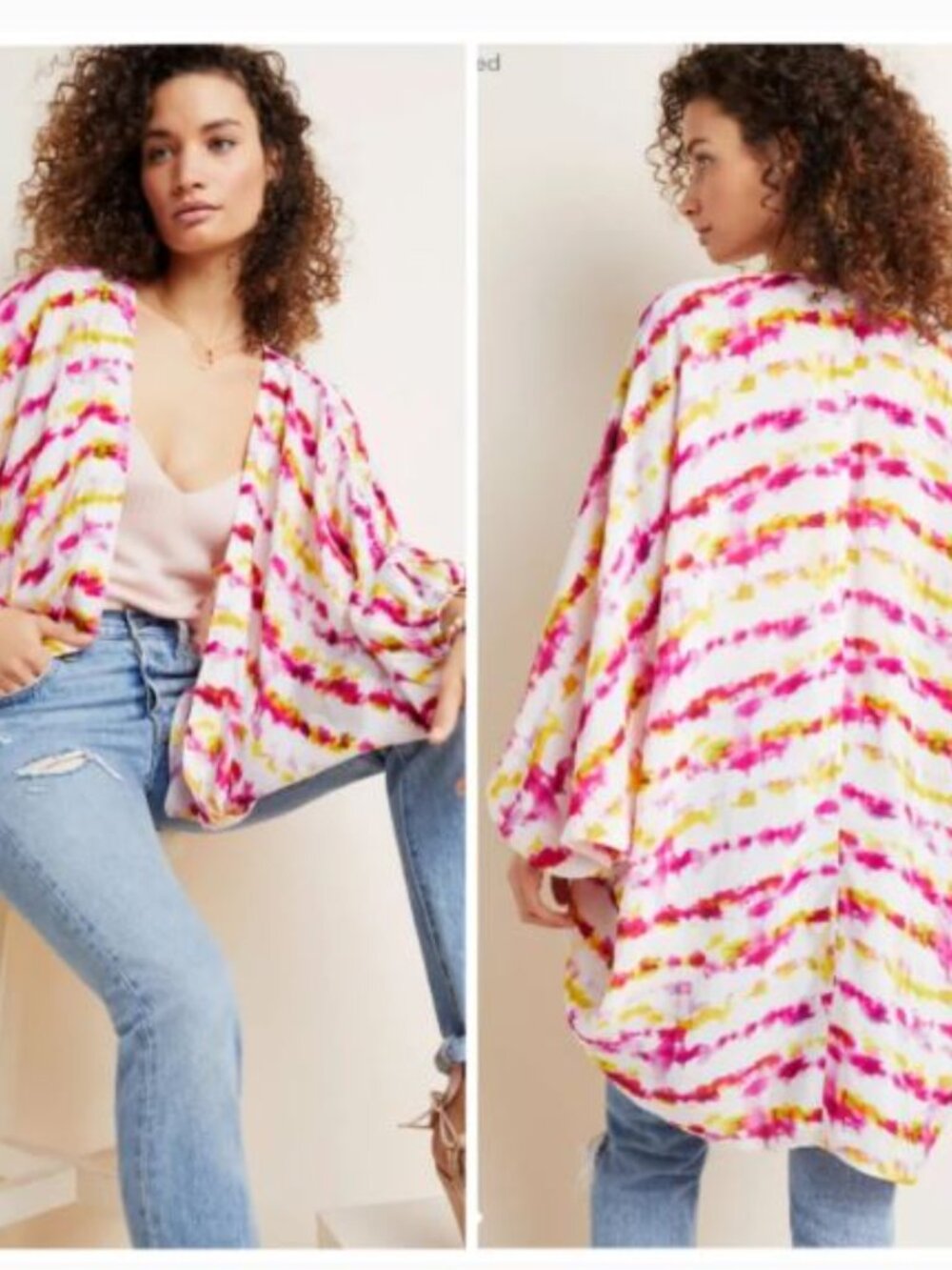 Anthropologie Dip Dyed Cocoon Kimono Swim Cover Up OS Pink Yellow White Beachy
